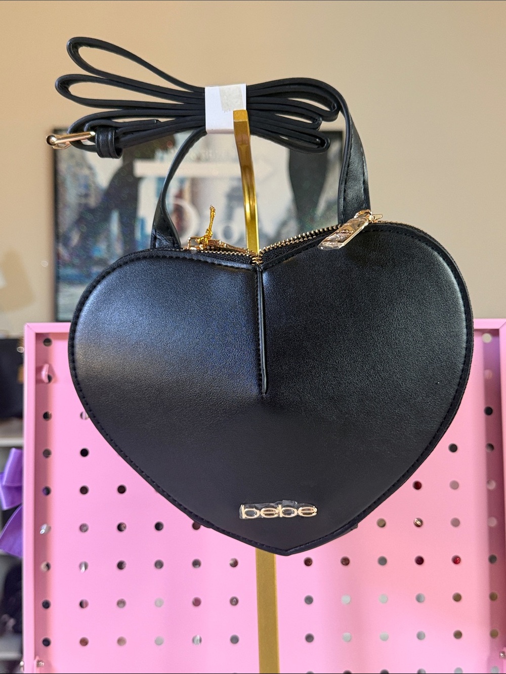 bebe Black Heart-Shaped Crossbody Bag with Gold Hardware